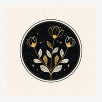 Illustration circulaire présentant trois fleurs de lotus stylisées en trait doré avec des feuilles blanches et or, étoiles.