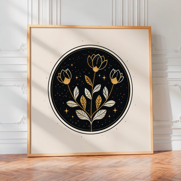 Fleur de lotus céleste en ligne or et noir — Poster HP mat