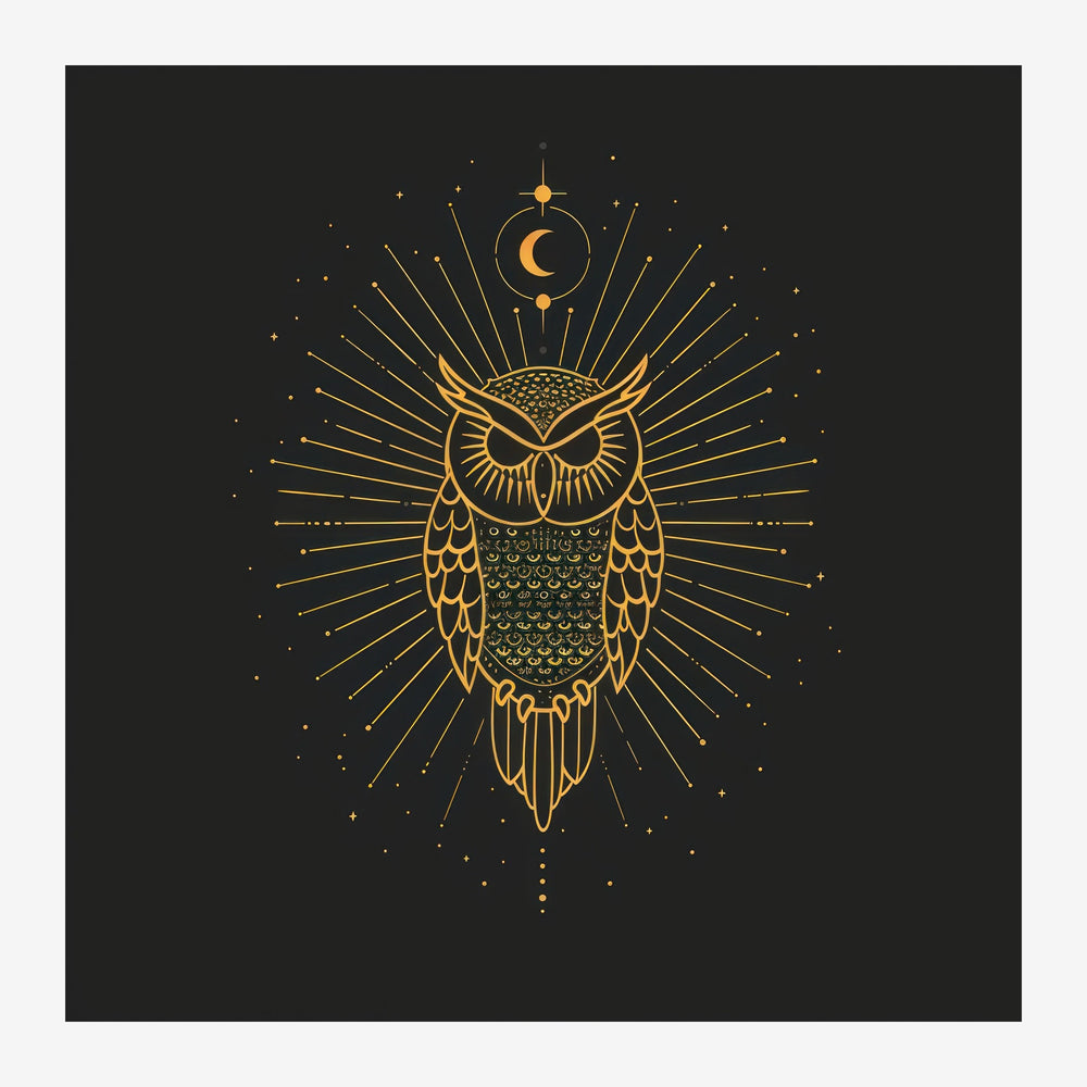 Illustration d'un hibou géométrique en lignes dorées avec un croissant de lune au-dessus et des rayons en étoile, sur fond.