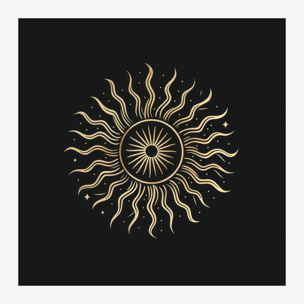 Soleil stylisé en line art aux rayons ondulants, peint en or sur fond noir avec de petites étoiles dispersées.