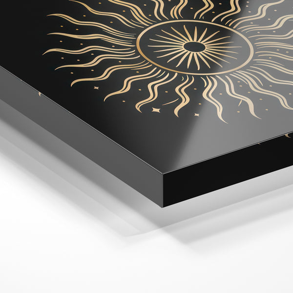Soleil rayonnant, affiche line art noir et or — Verre acrylique
