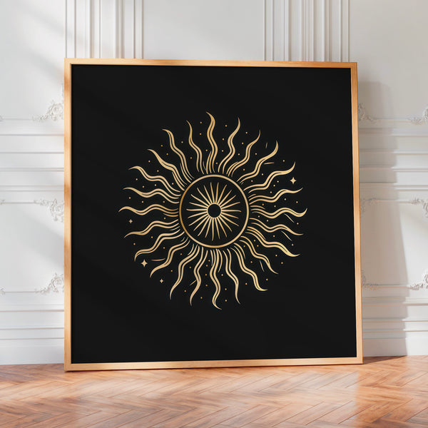 Soleil rayonnant, affiche line art noir et or — Poster HP mat