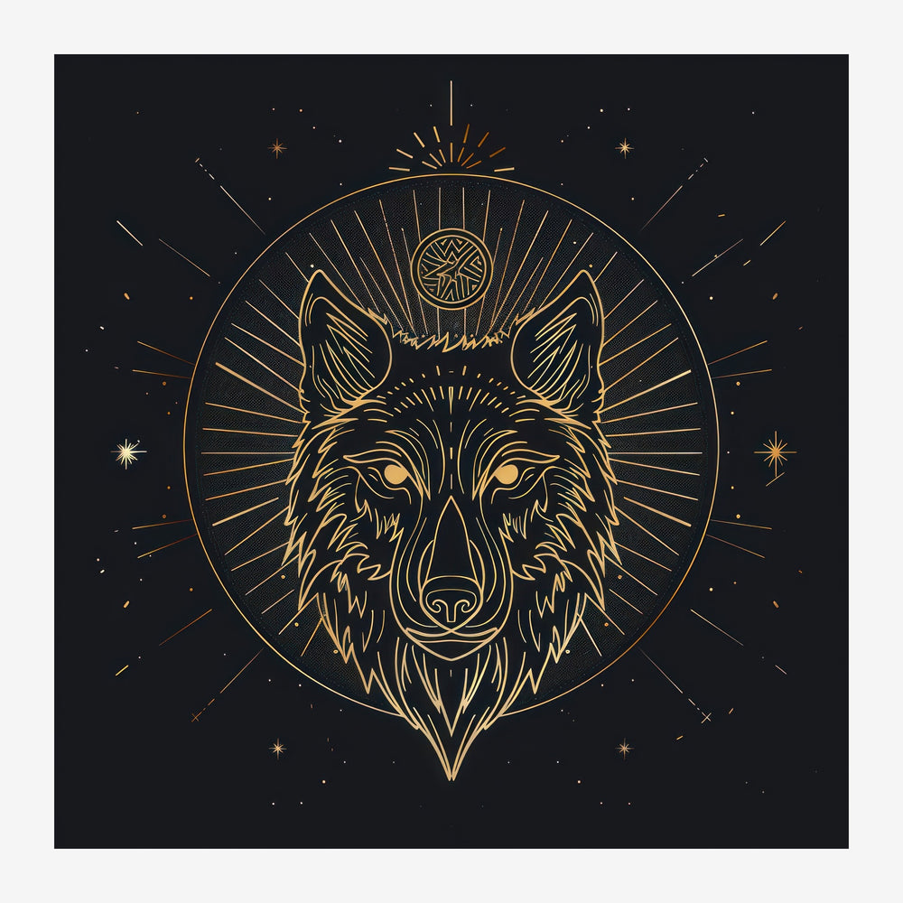 Tête de loup stylisée en traits dorés sur fond noir, inscrite dans un cercle rayonnant avec symboles ésotériques et étoiles.