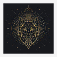 Tête de loup stylisée en traits dorés sur fond noir, inscrite dans un cercle rayonnant avec symboles ésotériques et étoiles.