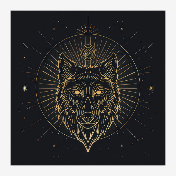 Loup mystique or et noir, affiche line art — Toile sur châssis
