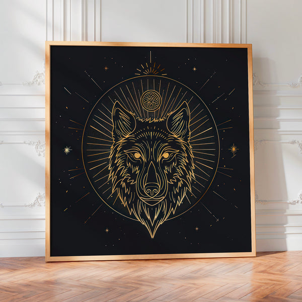 Loup mystique or et noir, affiche line art — Poster HP mat