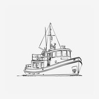 Illustration en noir et blanc d'un bateau de pêche traditionnel vu de profil, dessiné en traits fins sur fond blanc.