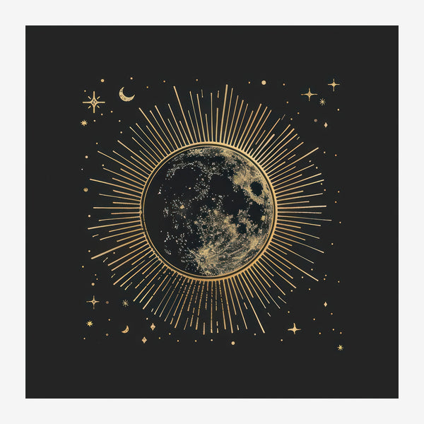 Lune dorée et étoiles, line art noir et or — Toile sur châssis