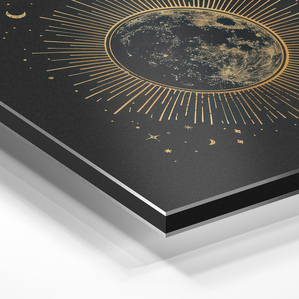Lune dorée et étoiles, line art noir et or — Aluminium Dibond