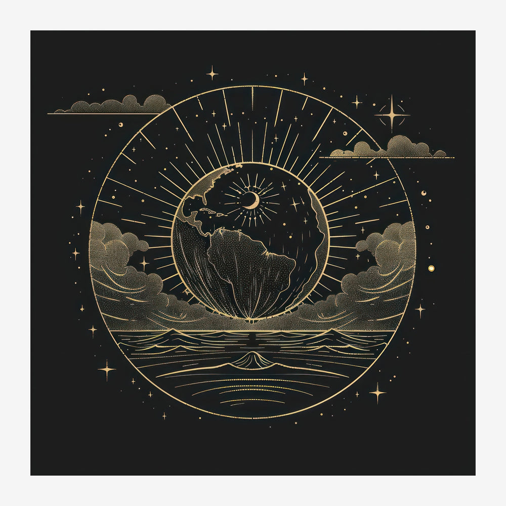 Illustration cosmique en lignes or sur fond noir : la Terre au centre avec un soleil rayonnant, entourée de nuages.
