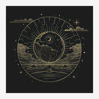 Illustration cosmique en lignes or sur fond noir : la Terre au centre avec un soleil rayonnant, entourée de nuages.