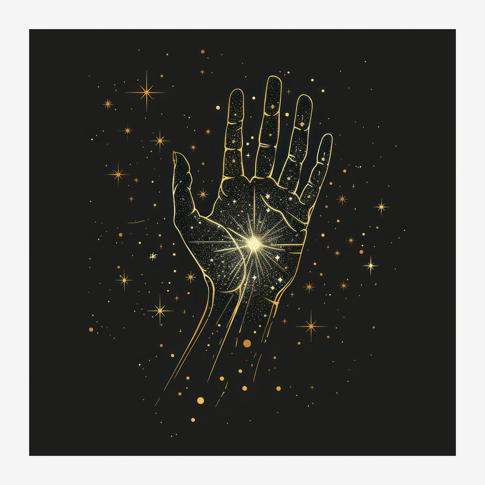 Main en line art sur fond noir, paume illuminée, parcourue de constellations et d'étoiles dorées, style minimaliste.