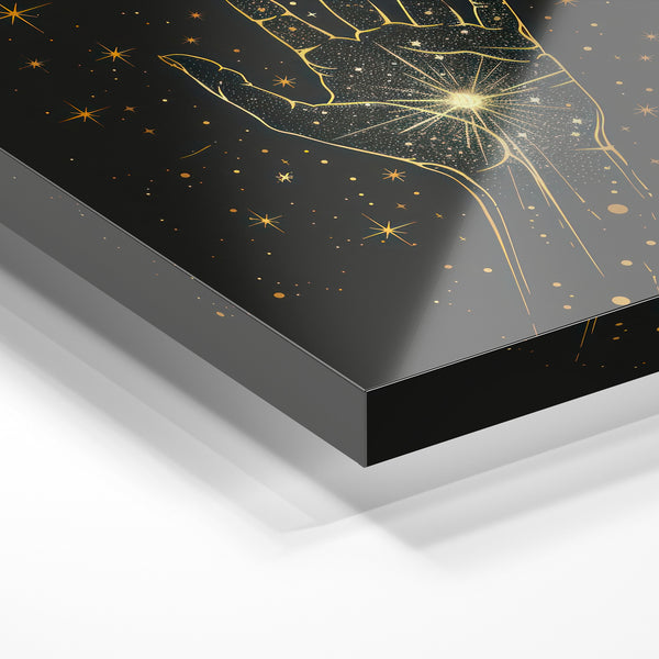 Main cosmique en line art noir et or luminescent — Verre acrylique