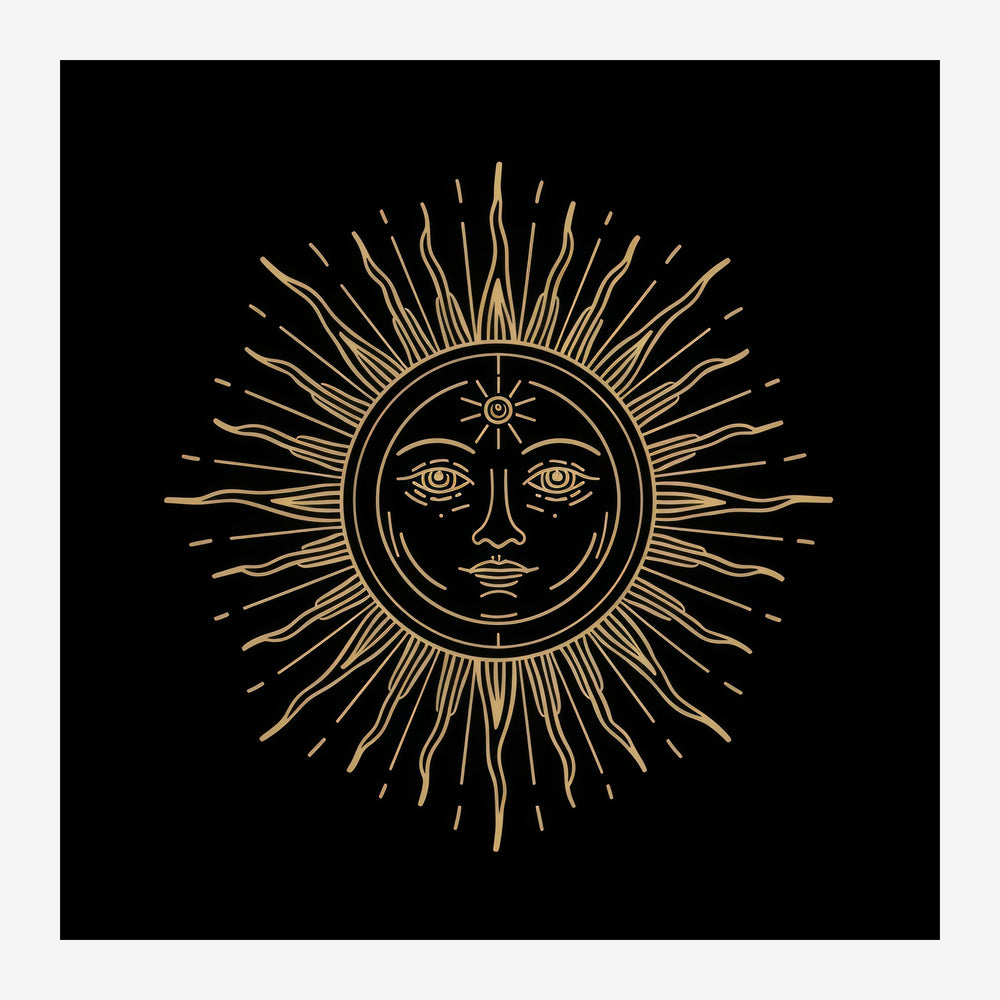 Visage stylisé au trait fin doré sur fond noir, avec deux yeux, une lune au front, et des rayons de soleil formant une.