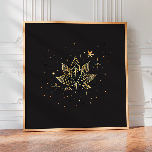 Feuille d'or et étoiles – line art botanique noir et or — Poster HP mat