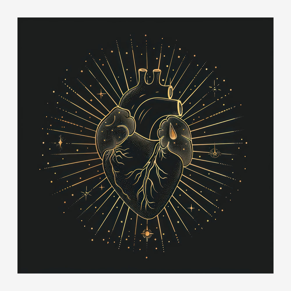 Cœur anatomique aux veines détaillées, entouré de rayons dorés et d'étoiles, sur fond noir.