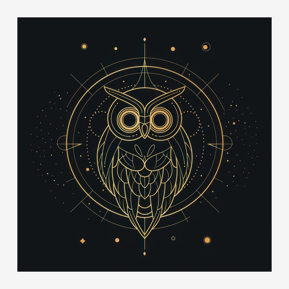 Un hibou stylisé aux traits dorés fins, encadré de cercles géométriques concentriques, sur fond noir avec des petits points.