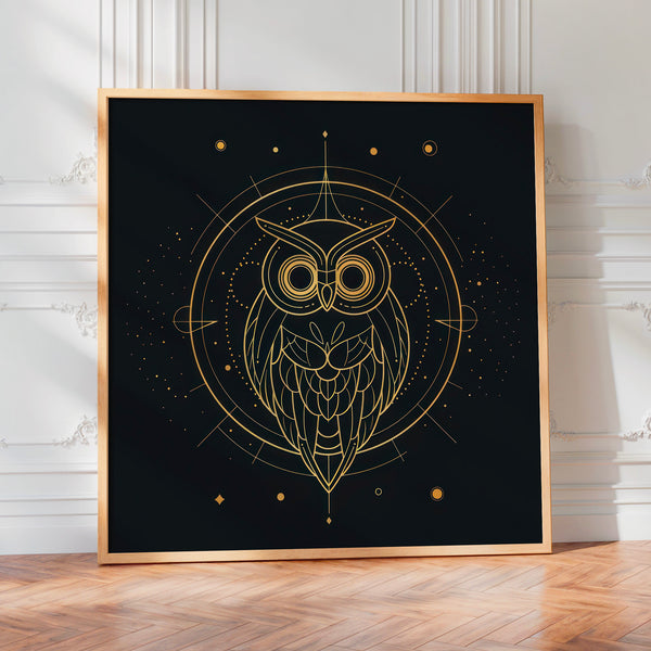 Hibou doré et noir, line art géométrique — Poster HP mat