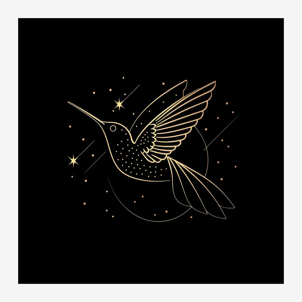 Illustration minimaliste d'un colibri aux ailes ouvertes en trait doré sur fond noir, entouré d'étoiles et de petits points.