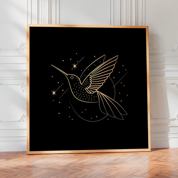 Colibri doré line art, noir et or minimaliste — Poster HP mat