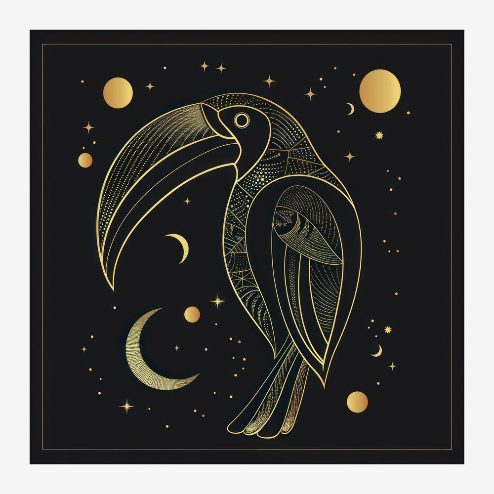 Illustration minimaliste montrant deux oiseaux stylisés en trait fin, entourés de lunes et d'étoiles dorées sur fond noir.