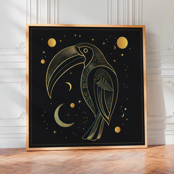 Oiseaux de Nuit et Étoiles, Line Art Noir et Or — Poster HP mat
