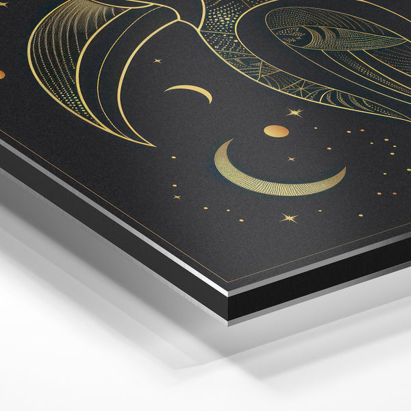Oiseaux de Nuit et Étoiles, Line Art Noir et Or — Aluminium Dibond