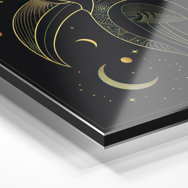 Oiseaux de Nuit et Étoiles, Line Art Noir et Or — Aluminium Dibond relief 3D