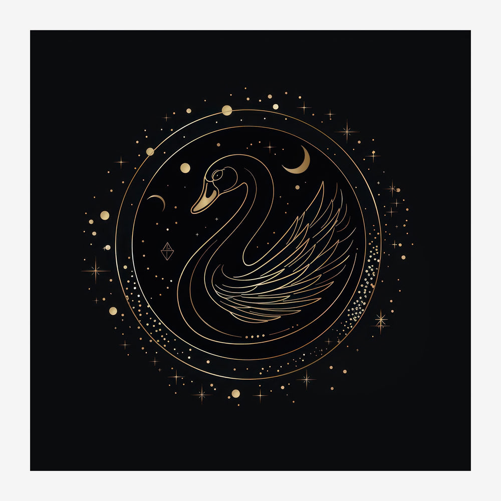 Dessin linéaire minimaliste d'un cygne blanc et or au cœur d'un cercle d'éléments cosmiques sur fond noir.