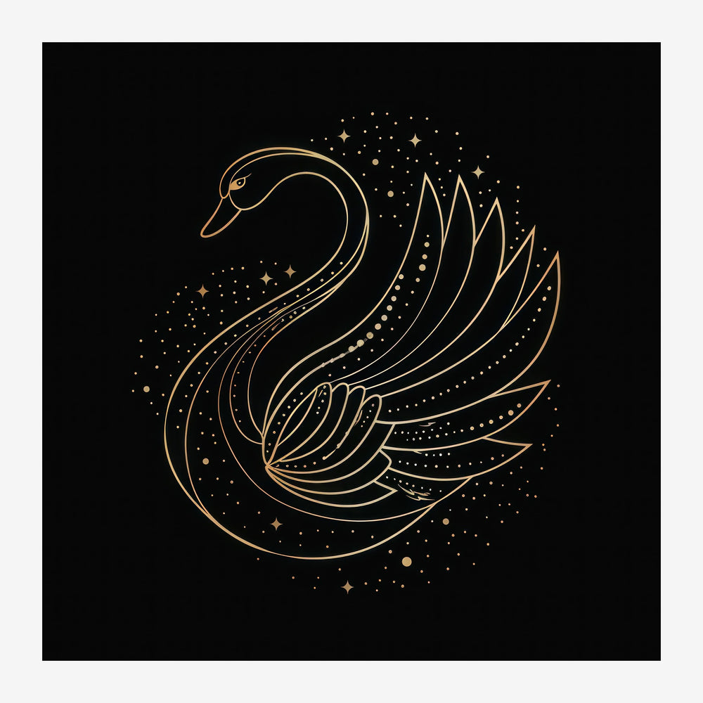 Cygne élancé dessiné en traits dorés continus sur fond noir, avec des étincelles étoilées autour et des motifs géométriques.