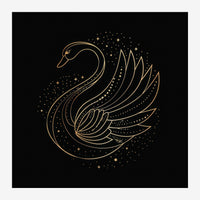 Cygne élancé dessiné en traits dorés continus sur fond noir, avec des étincelles étoilées autour et des motifs géométriques.