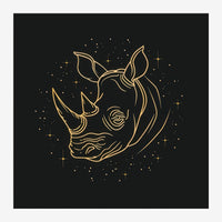 Illustration d'un rhinocéros de profil aux traits fins dorés, entouré d'étoiles, sur fond noir