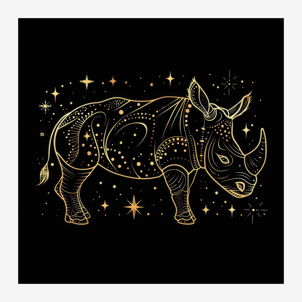Un taureau stylisé en traits dorés fins sur fond noir, orné de motifs géométriques, de points et d'étoiles scintillantes.