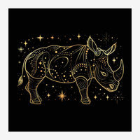 Un taureau stylisé en traits dorés fins sur fond noir, orné de motifs géométriques, de points et d'étoiles scintillantes.
