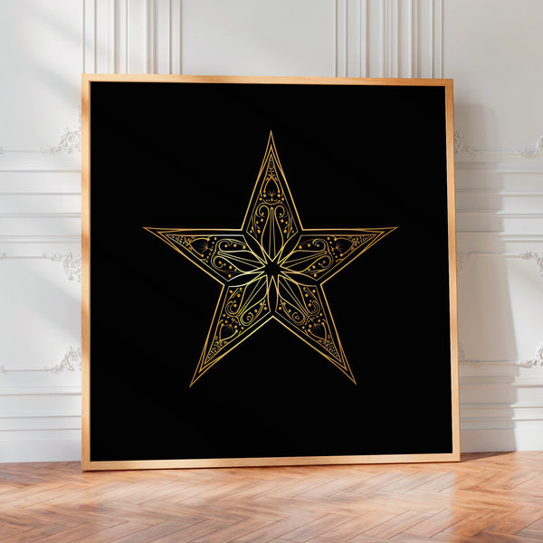 Étoile ornementale dorée, ligne art noir et blanc — Poster HP mat