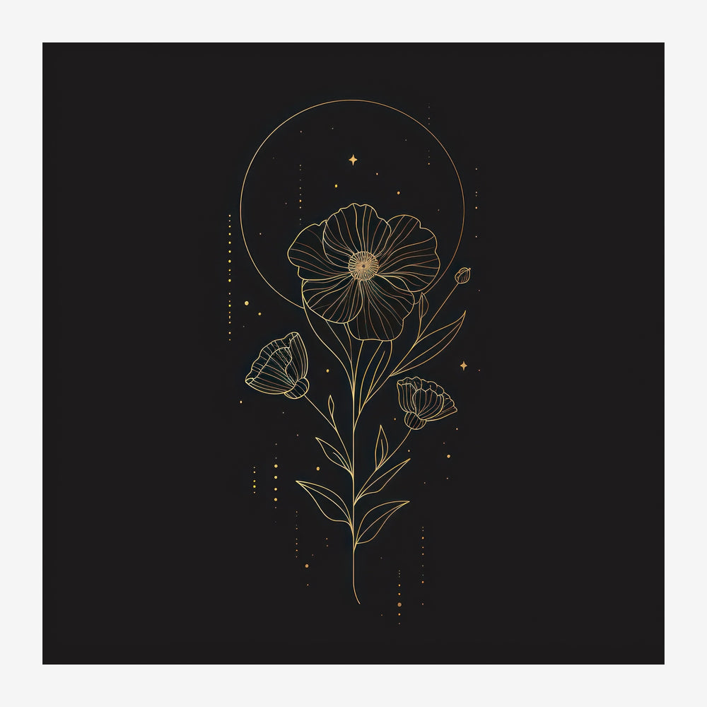 Illustration en line art noir et or d'une fleur avec pétales détaillés, entourée d'un halo circulaire et d'étoiles sur fond.