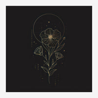 Illustration en line art noir et or d'une fleur avec pétales détaillés, entourée d'un halo circulaire et d'étoiles sur fond.