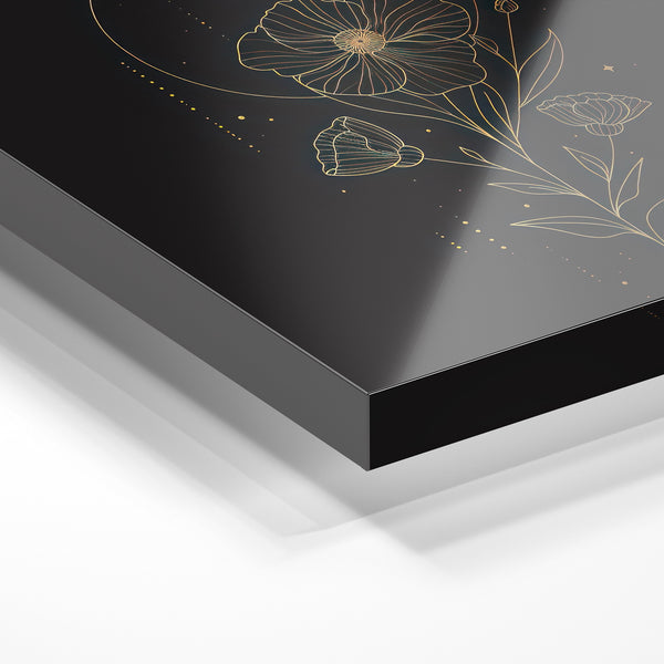 Fleur cosmique line art noir et or minimaliste — Verre acrylique