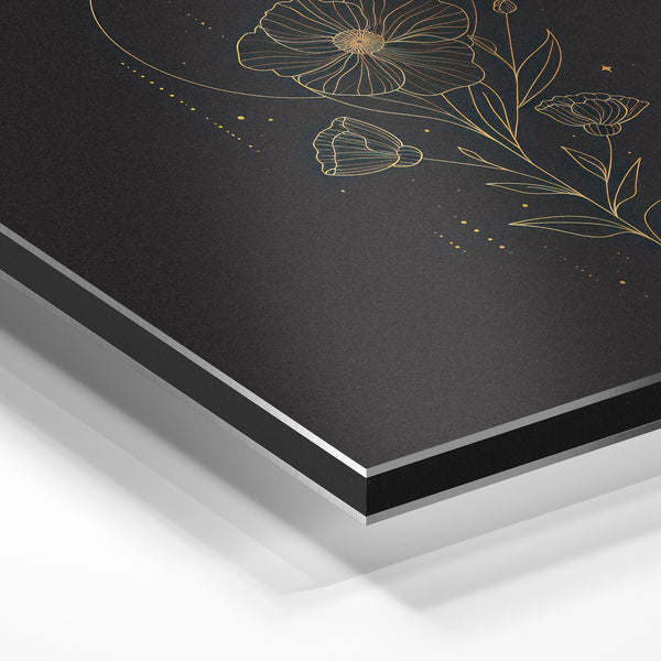 Fleur cosmique line art noir et or minimaliste — Aluminium Dibond