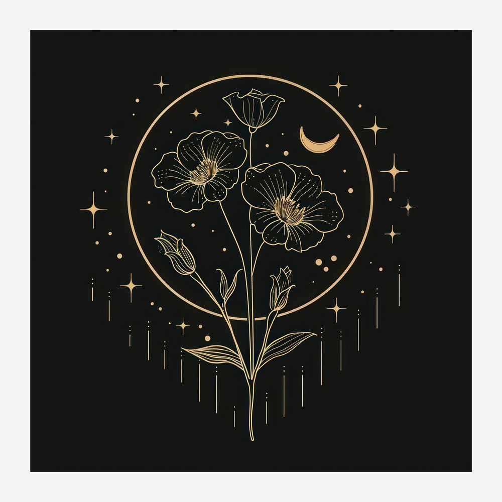 Affiche au line art botanique : trois fleurs stylisées dans un cercle doré sur fond noir, avec croissant de lune, étoiles et.