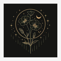 Affiche au line art botanique : trois fleurs stylisées dans un cercle doré sur fond noir, avec croissant de lune, étoiles et.