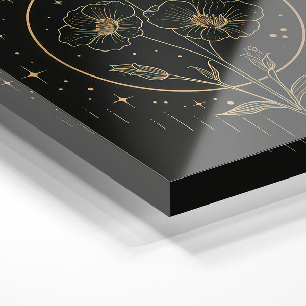 Fleurs et lune : line art botanique noir et or — Verre acrylique