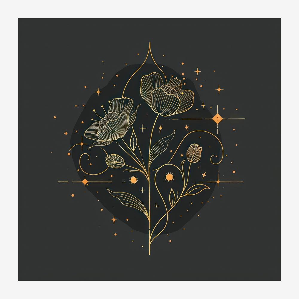 Illustration minimaliste d'un bouquet de fleurs en traits dorés fins sur fond noir, entouré de petites étoiles et de motifs.