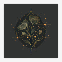 Illustration minimaliste d'un bouquet de fleurs en traits dorés fins sur fond noir, entouré de petites étoiles et de motifs.