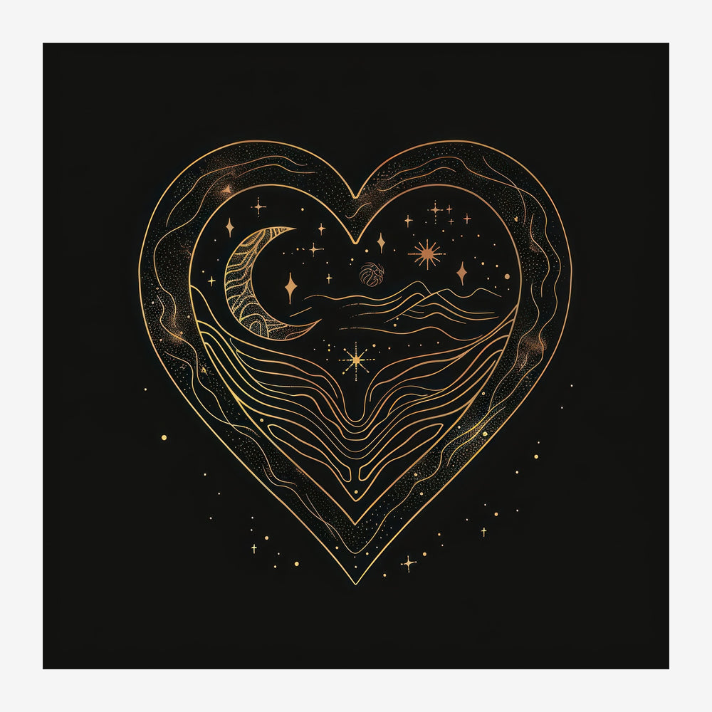 Illustration en traits dorés d'un cœur contenant un paysage étoilé avec lune et montagnes, sur fond noir.