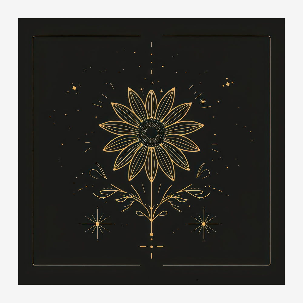 Illustration en traits fins or sur fond noir d'un tournesol stylisé, entouré d'étoiles et de ramifications végétales.