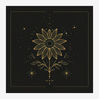 Illustration en traits fins or sur fond noir d'un tournesol stylisé, entouré d'étoiles et de ramifications végétales.