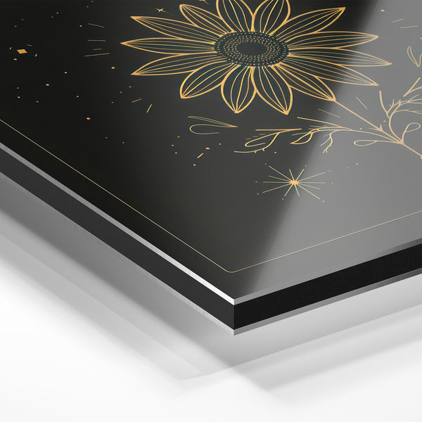 Tournesol noir et or, line art minimaliste — Aluminium Dibond relief 3D