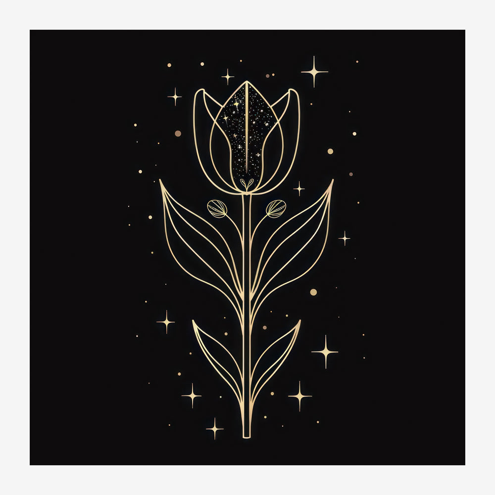 Dessin au trait doré d'une tulipe stylisée avec des pétales géométriques, des feuilles allongées et une galaxie étincelante.