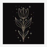 Dessin au trait doré d'une tulipe stylisée avec des pétales géométriques, des feuilles allongées et une galaxie étincelante.